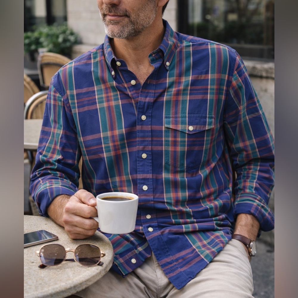 Roundtree & Yorke Plaid Button Down Shirt Men’s Large Vintage Preppy Classic Fit